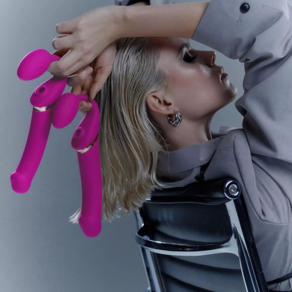 Ярко-розовый безремневой страпон Multi Orgasm Bendable Strap-On size XL с клиторальной стимуляцией