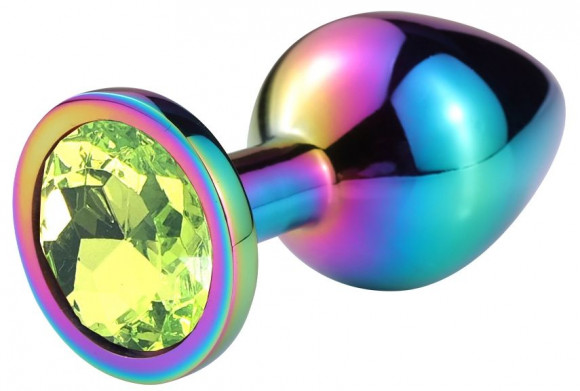 Разноцветная гладкая анальная пробка с салатовым кристаллом - 7,5 см.