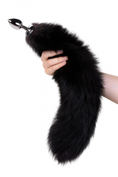 Серебристая анальная втулка с черным лисьим хвостом