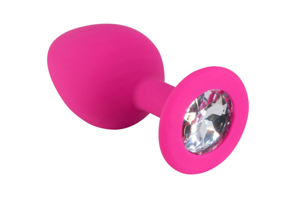 Розовая средняя силиконовая пробка с прозрачным кристаллом Розовая средняя силиконовая пробка с прозрачным кристаллом