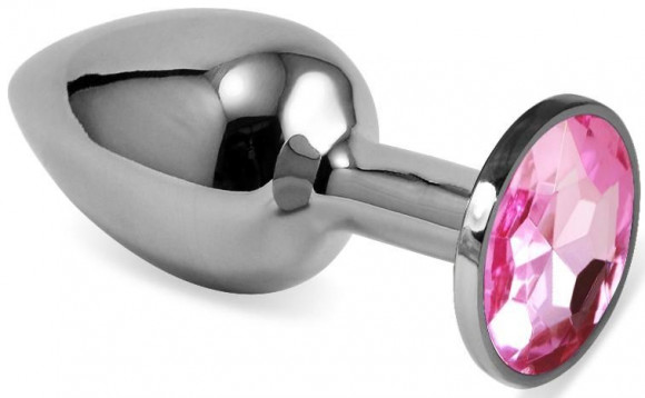 Серебристая гладкая анальная пробка с нежно-розовым кристаллом - 9,5 см.