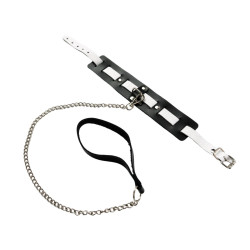 Черно-белый кожаный ошейник с поводком-цепочкой Черно-белый кожаный ошейник с поводком-цепочкой