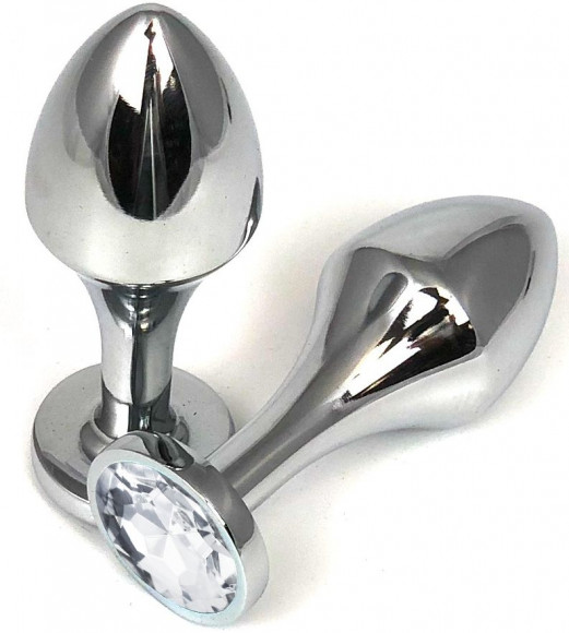 Серебристая анальная пробка на удлиненной ножке с прозрачным кристаллом - 9 см.