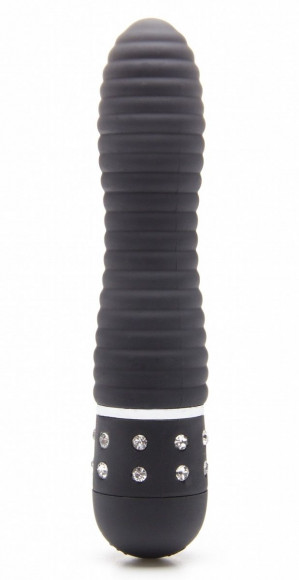Чёрный мини-вибратор с рёбрышками и стразами Diamond Ribbing Vibe - 11,5 см. Чёрный мини-вибратор с рёбрышками и стразами Diamond Ribbing Vibe - 11,5 см.