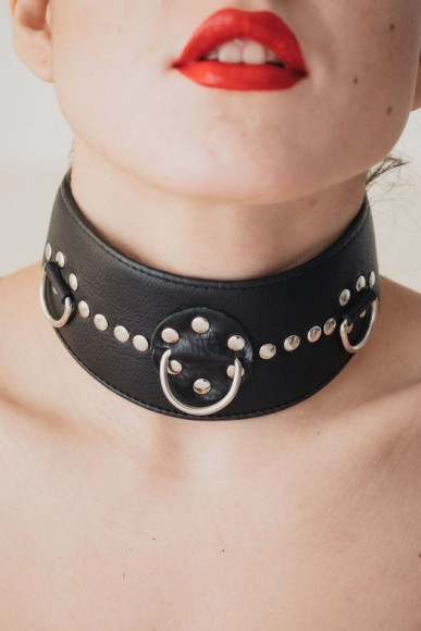 Чёрный кожаный ошейник с полукольцами и клёпками Чёрный кожаный ошейник с полукольцами и клёпками