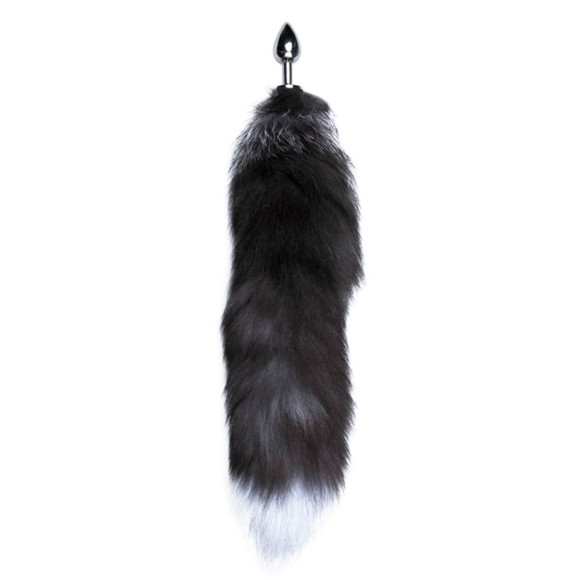 Серебристая анальная пробка с темным лисьим хвостом Black & White Fox Tail Size S Серебристая анальная пробка с темным лисьим хвостом Black & White Fox Tail Size S