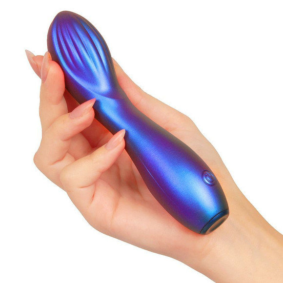Синий вибромассажер с загнутой головкой - 15 см. Синий вибромассажер с загнутой головкой - 15 см.