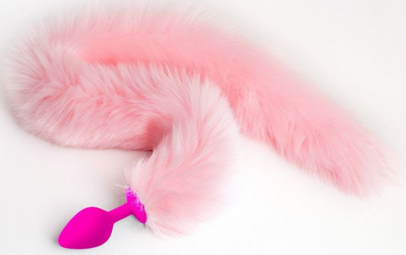 Розовая силиконовая анальная пробка с розовым хвостиком - размер L