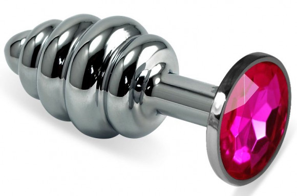 Серебристая ребристая металлическая анальная пробка с розовым кристаллом - 8 см. Серебристая ребристая металлическая анальная пробка с розовым кристаллом - 8 см.