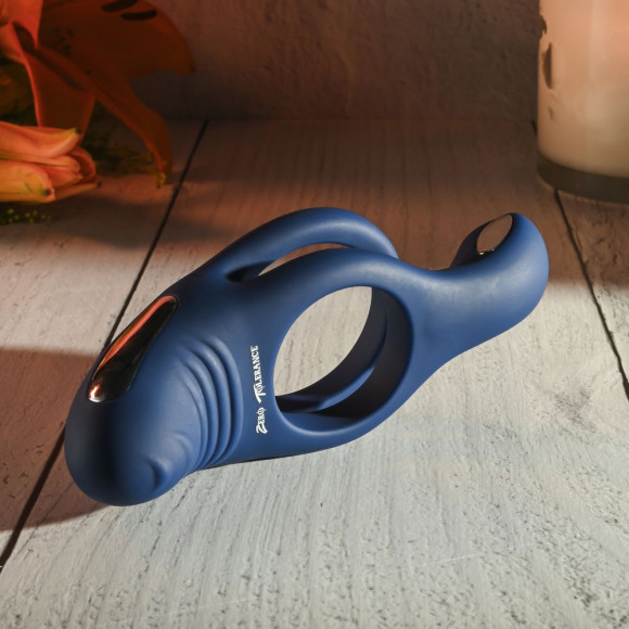 Синее эрекционное виброкольцо с двойным подхватом мошонки Ring Around The Rosy Синее эрекционное виброкольцо с двойным подхватом мошонки Ring Around The Rosy