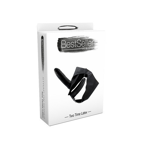 Чёрный латексный страпон с вагинальной пробкой STRAP ON WITH DOUBLE DILDO TWO TIMES LATEX - 16 см.