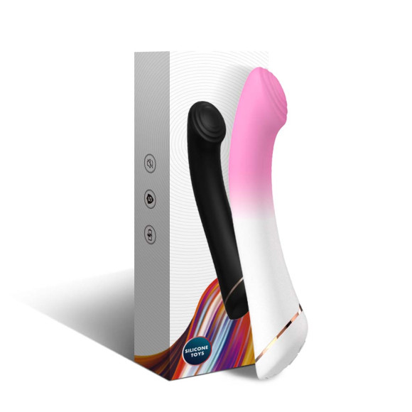 Бело-розовый изогнутый силиконовый вибромассажер - 18,7 см. Бело-розовый изогнутый силиконовый вибромассажер - 18,7 см.