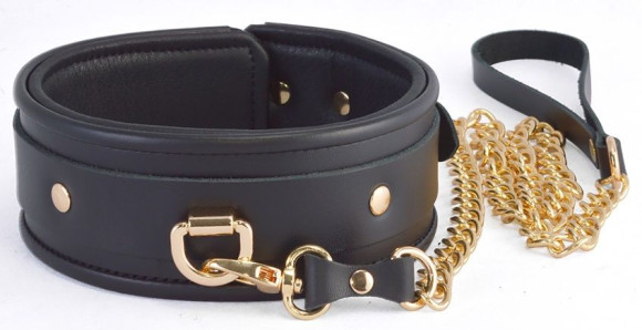 Черный ошейник с золотистым поводком Черный ошейник с золотистым поводком