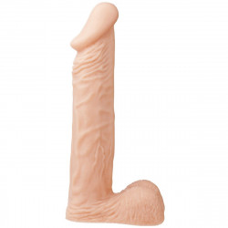 Телесный фаллоимитатор с мошонкой и заострённой головкой - 23 см.