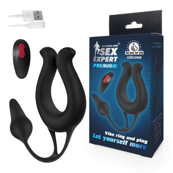 Черная вибронасадка Sex Expert с анальной втулкой Черная вибронасадка Sex Expert с анальной втулкой