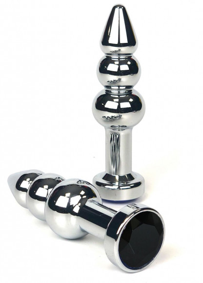 Серебристая анальная пробка-ёлочка Vandersex с черным кристаллом - 11 см.