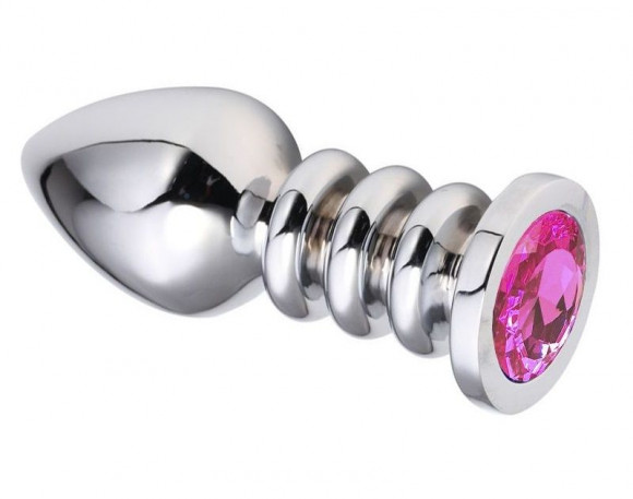 Серебристая анальная пробка на рельефной ножке с розовым кристаллом - 9,5 см. Серебристая анальная пробка на рельефной ножке с розовым кристаллом - 9,5 см.