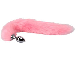 Серебристая анальная пробка с длинным нежно-розовым хвостом Серебристая анальная пробка с длинным нежно-розовым хвостом