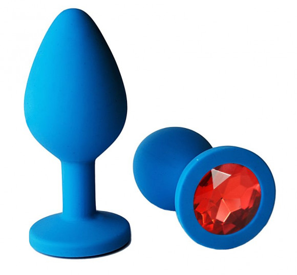 Голубая анальная пробка с красным кристаллом - 9,5 см.