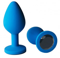 Голубая анальная пробка с черным кристаллом - 7 см.