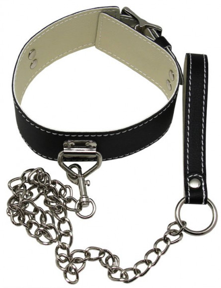 Черный ошейник с металлическим поводком с ручкой Черный ошейник с металлическим поводком с ручкой