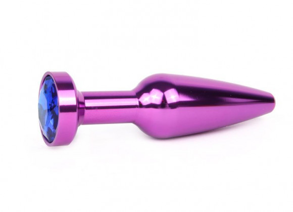 Удлиненная коническая гладкая фиолетовая анальная втулка с синим кристаллом - 11,3 см.