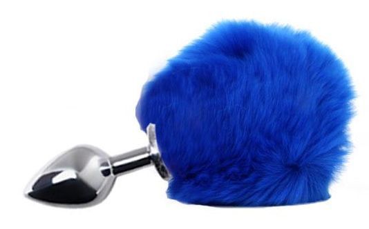 Серебристая анальная пробка с пушистым синим хвостиком