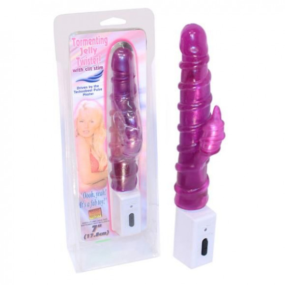 Фиолетовый вибратор со спиралевидным рельефом и клиторальным отростком