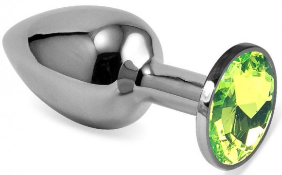 Серебристая гладкая анальная пробка с салатовым кристаллом - 8,5 см.