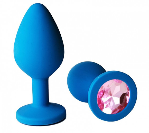 Голубая анальная пробка с нежно-розовым кристаллом - 8 см. Голубая анальная пробка с нежно-розовым кристаллом - 8 см.