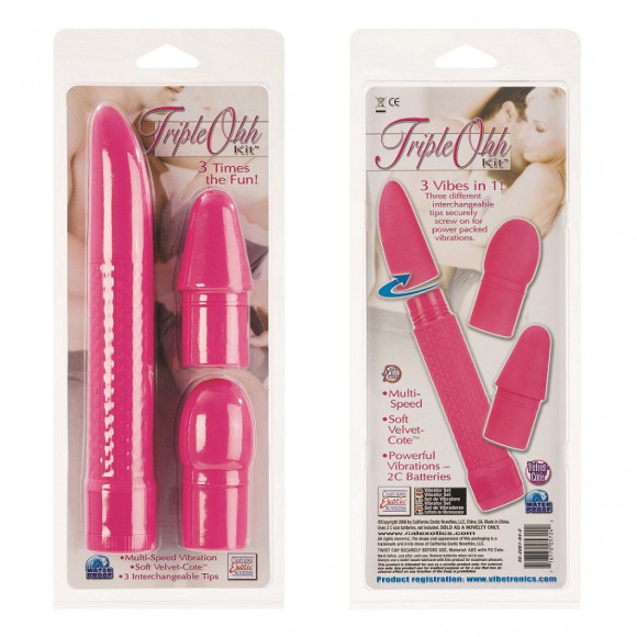 Розовый вибромассажёр с 3 сменными насадками TRIPLE OHH KITS